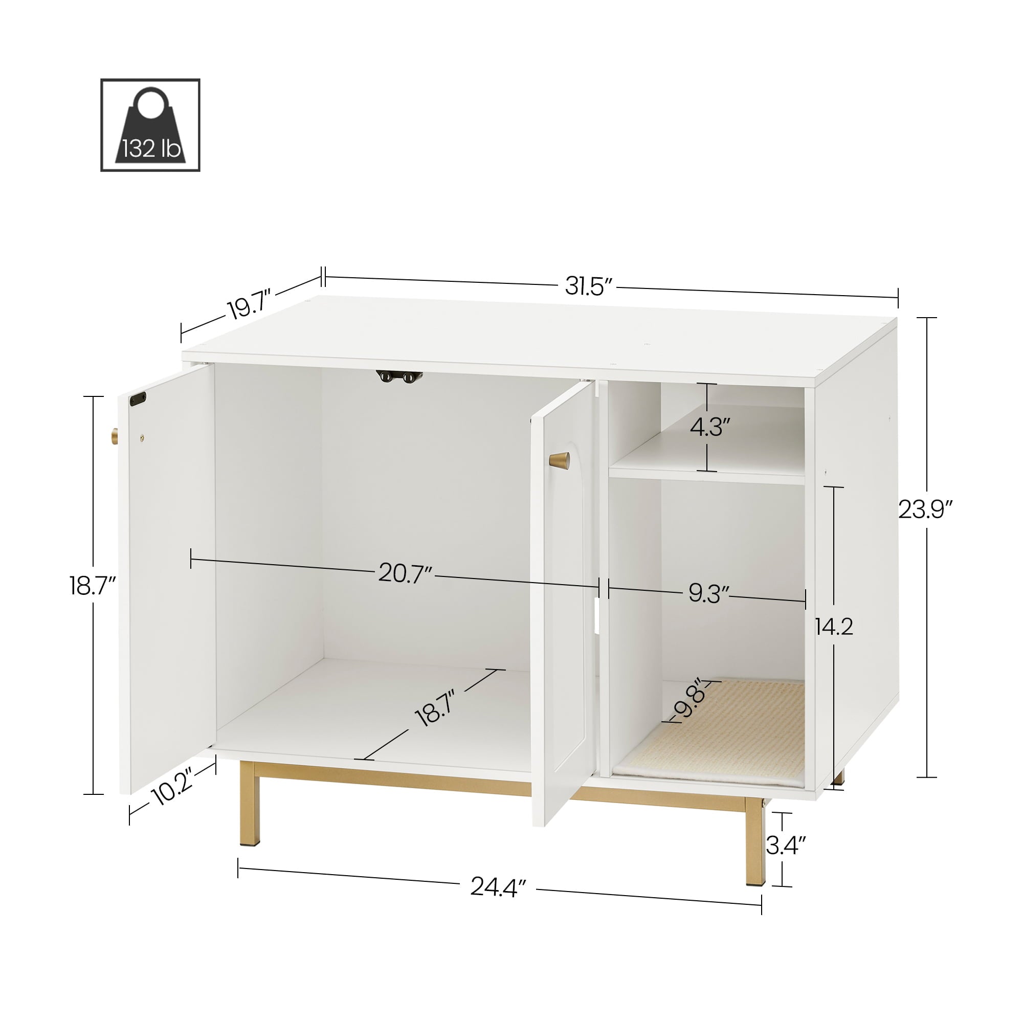 Hzuaneri Cat Litter Box Enclosure， Litter Box Furniture， Wooden Pet House， White and Gold 01503GCLB