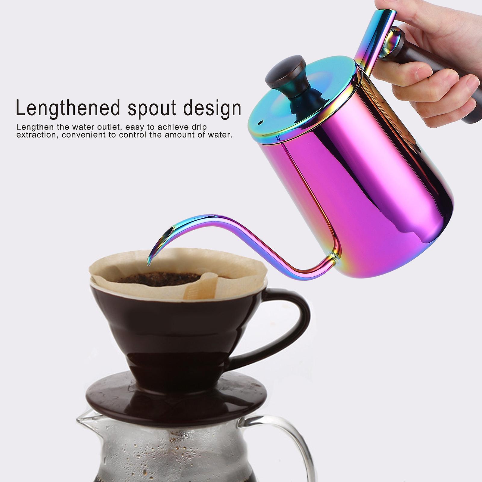 Pour-over Coffee Kettle， Stainless Steel Goose Neck Kettle 700ml Colorful Long Narrow Spout Coffee Tea Drip Pot With Wooden Handle For Home Office[col