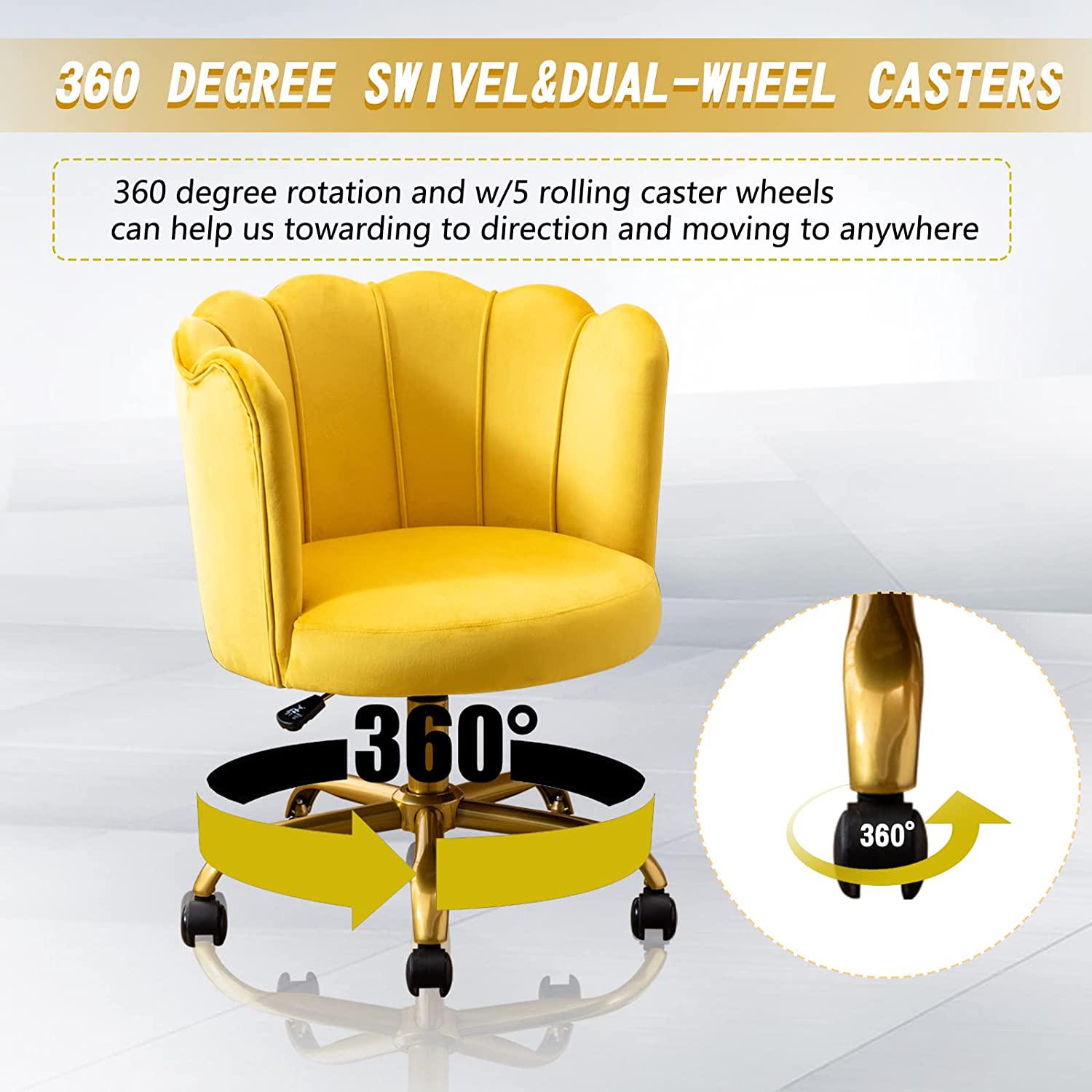 Office Task Chair， Comfortable Velvet Desk Chair Upholstered Swivel Rolling Vanity Chair Height Adjustable for Makeup Room， Living Room， Bedroom， Yellow