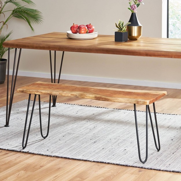 Plumb Handcrafted Modern Industrial Acacia Wood Dining Bench With Hairpin Legs Natural black Christopher Knight Home