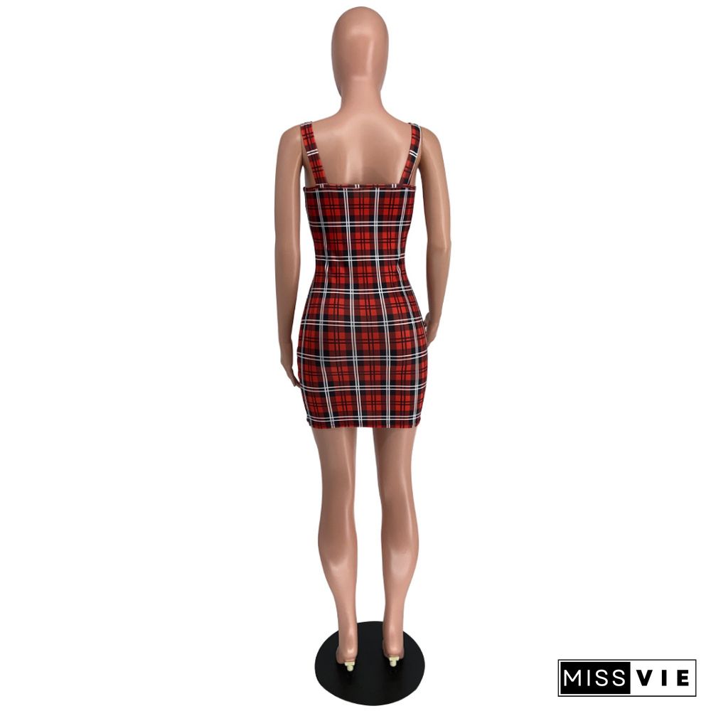 Women Casual Retro Plaid Sexy Sleeveless Square Collar Strap Bodycon Club Party Mini Dresses