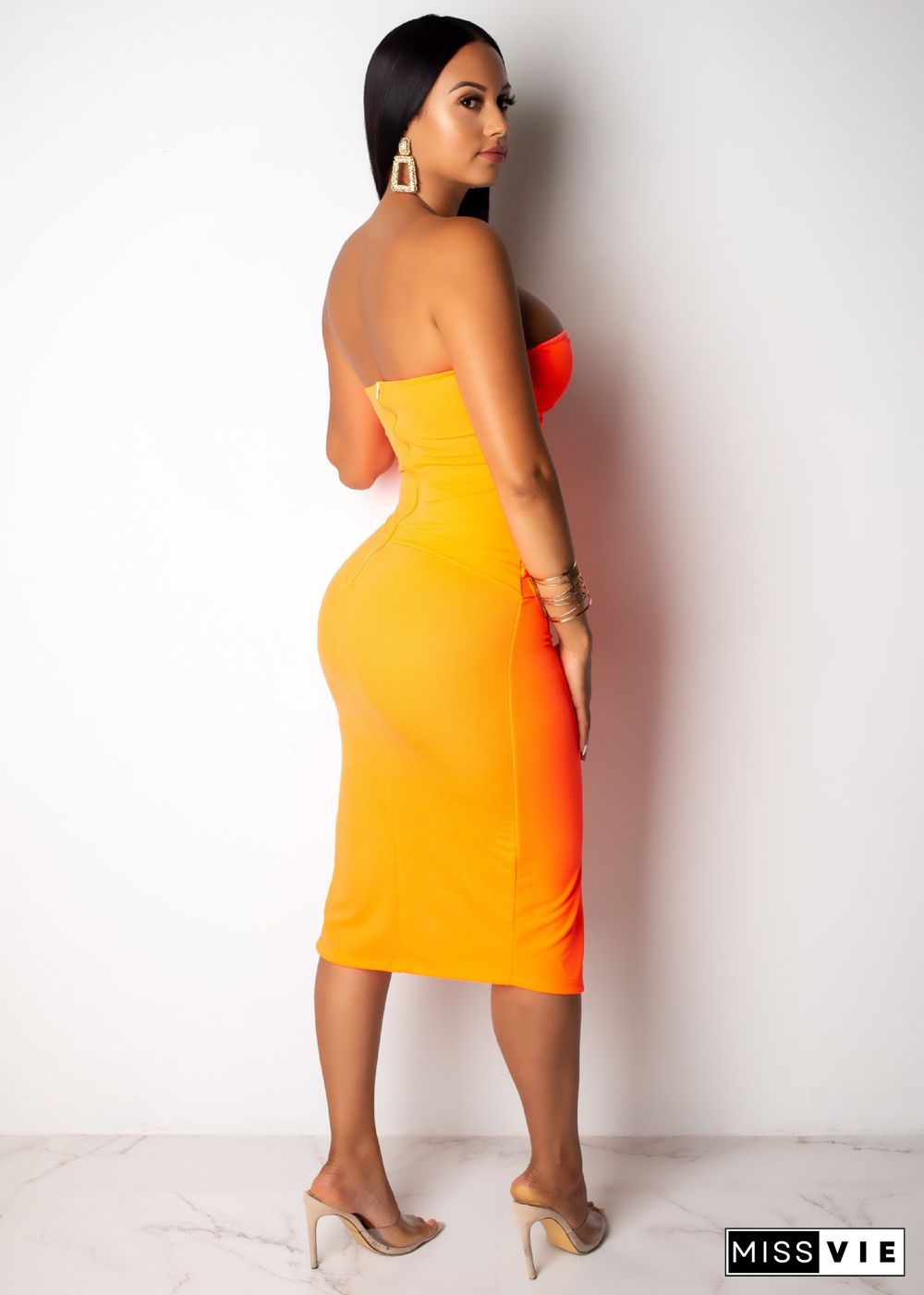 Sexy Wrapped Chest Split Orange Nightclub Maxi Dress