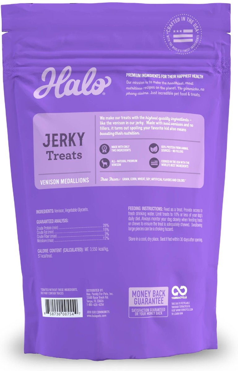 Halo Venison Flavored Medallion Jerky Dog treats， 6-oz pouch