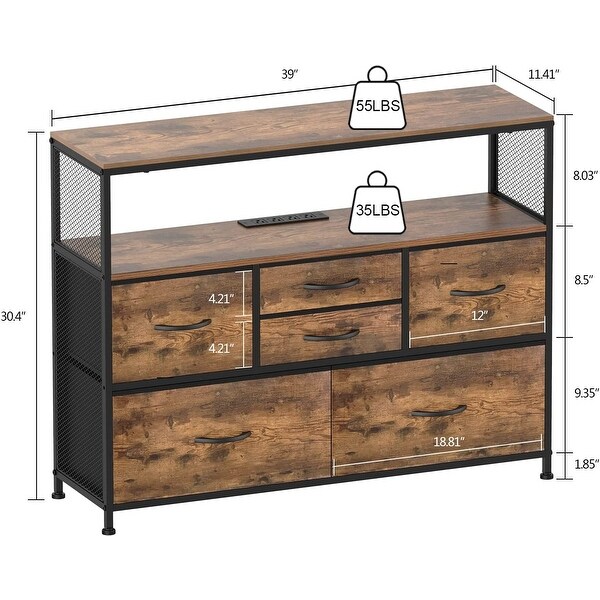 TV Stand with Power Outlet and Fabric Drawers Entertainment Center for TV up to 45 inch Industrial Open Storage Shelf - Brown