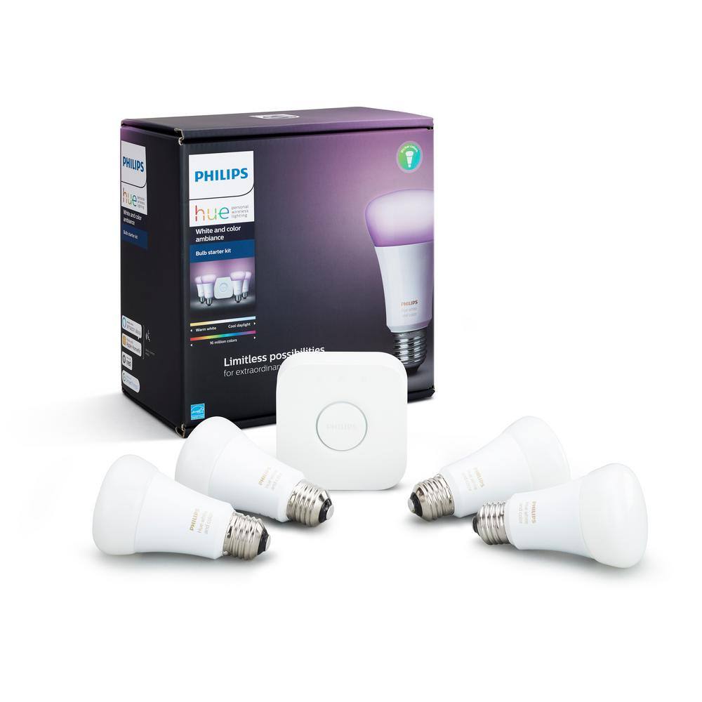 Philips Hue White and Color Ambiance A19 LED 60W Equivalent Dimmable Smart Wireless Lighting Starter Kit (4 Bulbs and Bridge) 548545