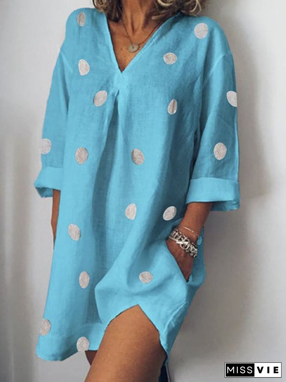 Cotton Linen Three Quarter Sleeve Shirt Collar Polka Dot Dress