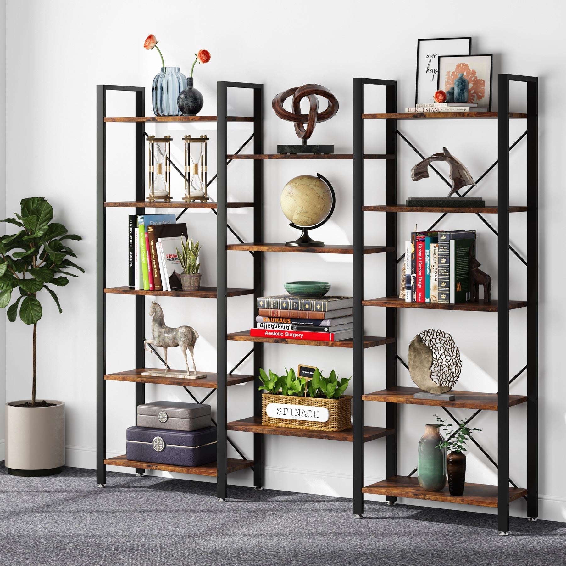 70 Bookshelf, Triple Wide Etagere Bookcase Open Display Shelf