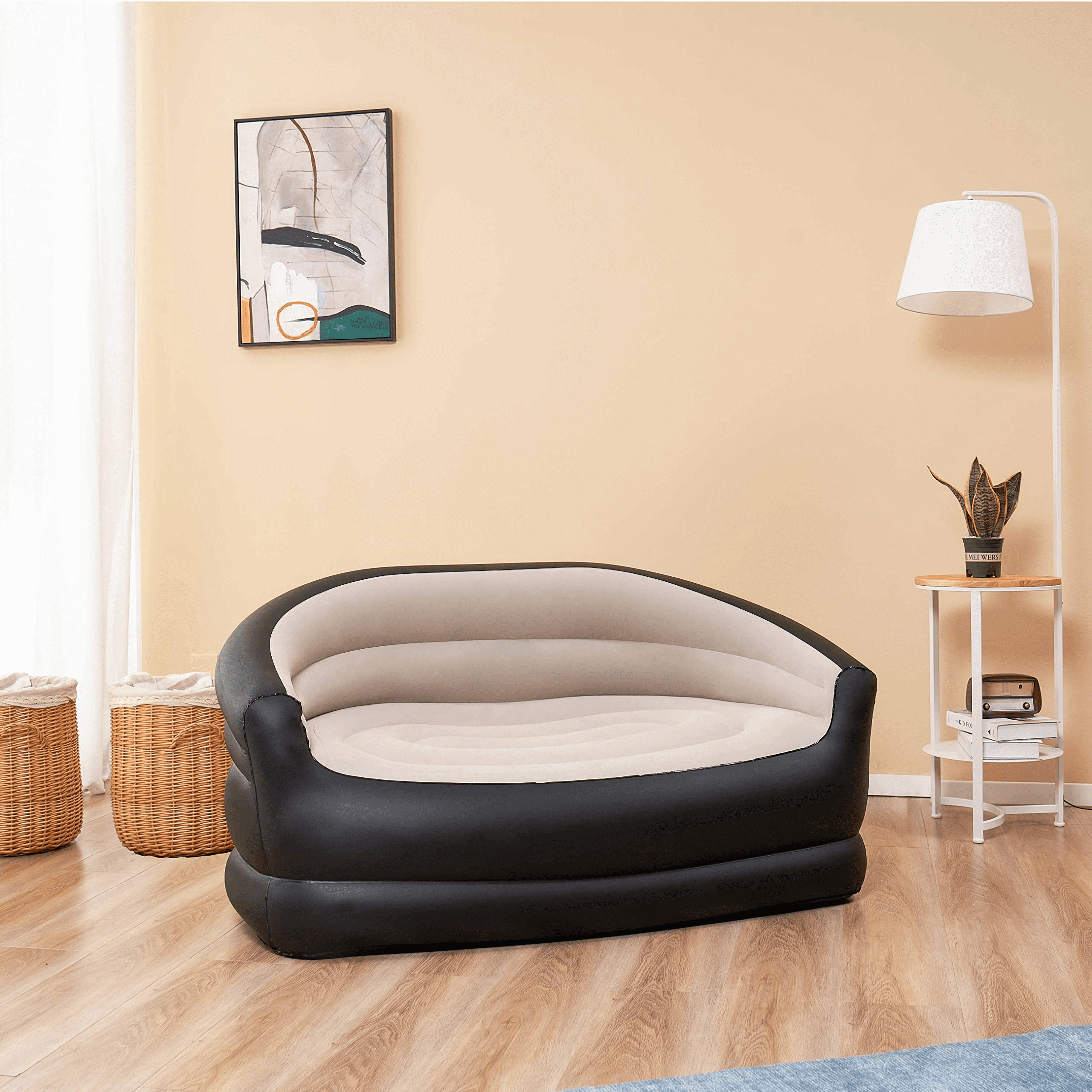 Avenli Inflatable Sofa, Air Flocking Couch Loveseat for Outdoor Camping, Black&Beige(No Pump Included)