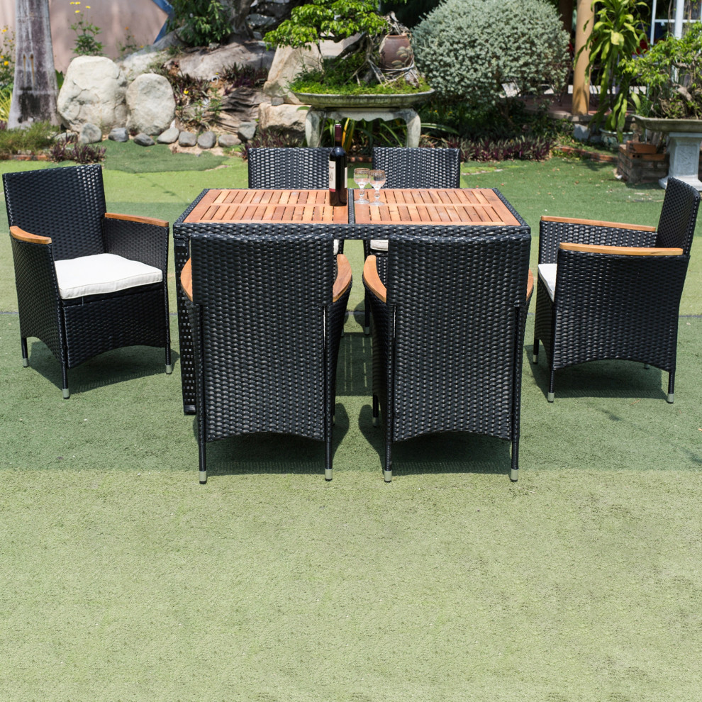 7 Pieces Outdoor Patio Wicker Furniture Dining Table Set With 6 Stools   Tropical   Outdoor Dining Sets   by AquaView Inc  Houzz