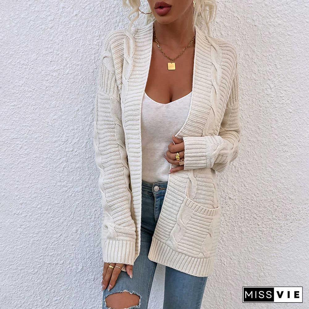 Elegant Knitted Sweater Coat Women Cardigans Autumn2022 New Winter Twist Midi Pocket Knitted Cardigan Female Sweater Jacket Full