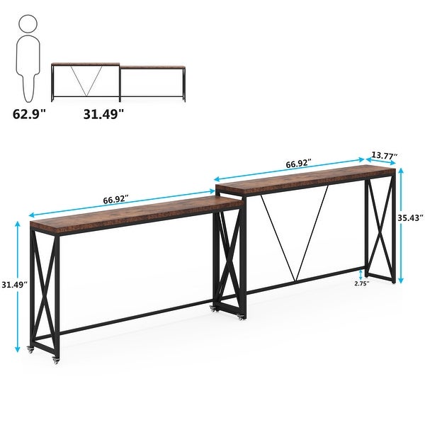 Industrial Sofa Table Set of 2， Narrow Long Sofa Console Tables with Wheels for Entryway