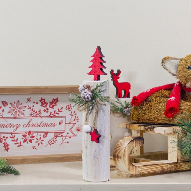 Red Forest Tree On A Wooden Round Base With Pinecones Christmas Tabletop Decor