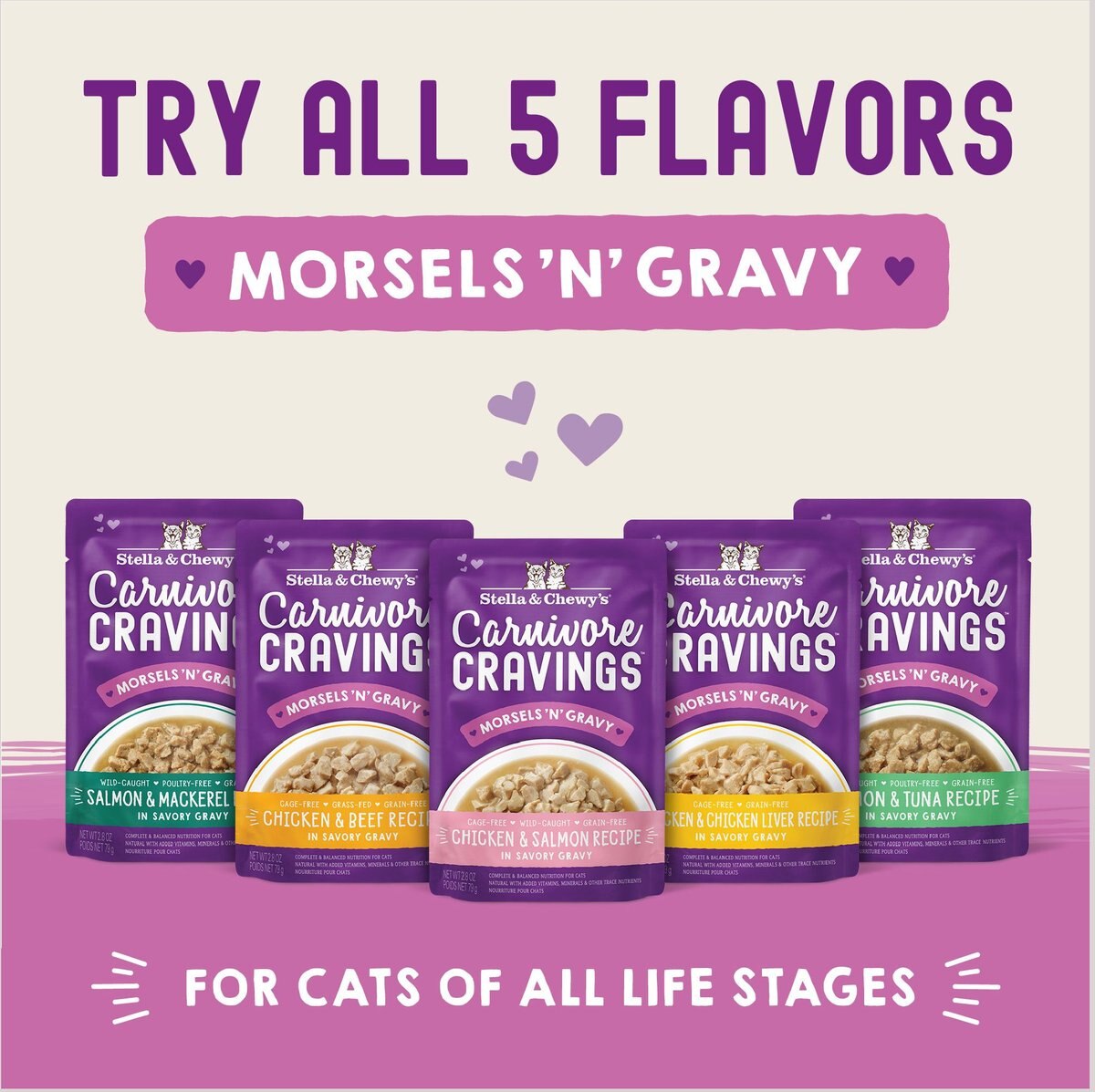 Stella and Chewy's Carnivore Cravings Morsels'N'Gravy Salmon and Tuna Recipe Cat Food， 2.8-oz pouch， case of 12