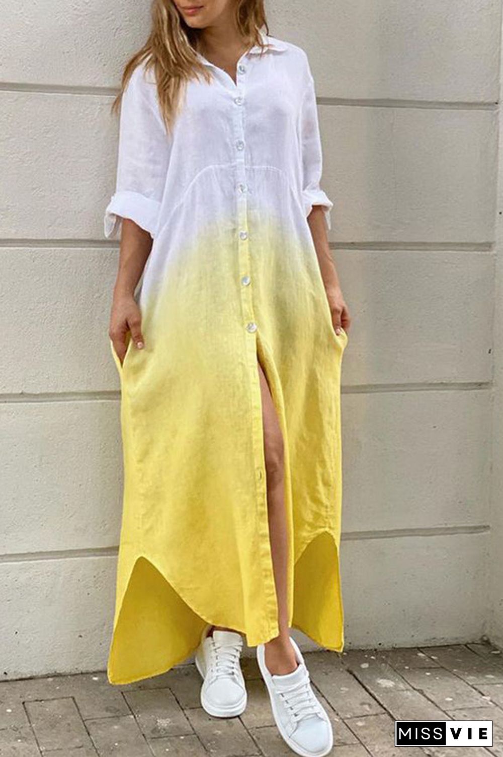 Gradient Turndown Collar Button Shirt Maxi Dress