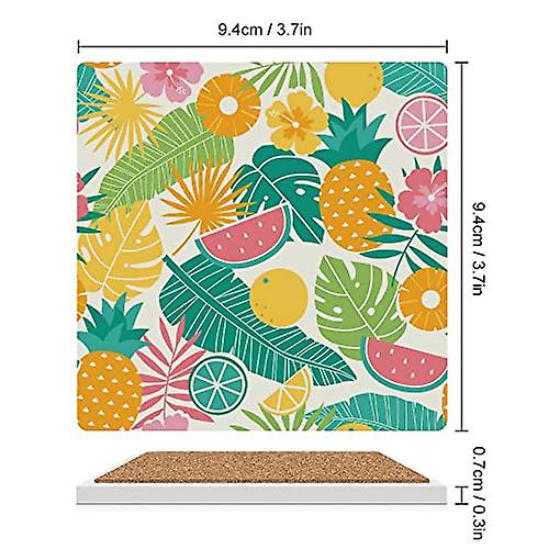 Colourlife Square Drink Coasters 6 Pcs Tropical Summer Fruits Flowers Absorbent Ceramic Coffee Coasters For Drinks With Cork Base Housewarming Gift Fo