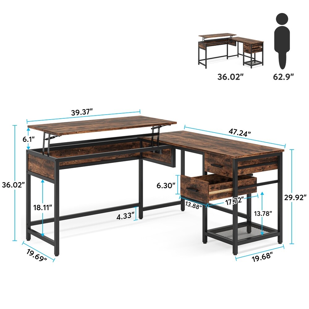 Wood Solid 59’’ L shaped Computer Corner Desk with Lift Top  Industrial Writing Table with Drawers and Storage Shelves