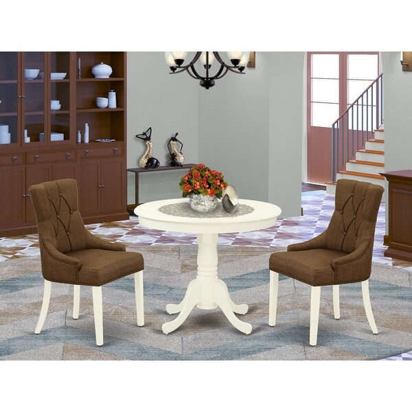 Wooden Dining Table Set Includes Round Small Table and Parson Chairs in Linen Fabric (Pieces and Finish Option)