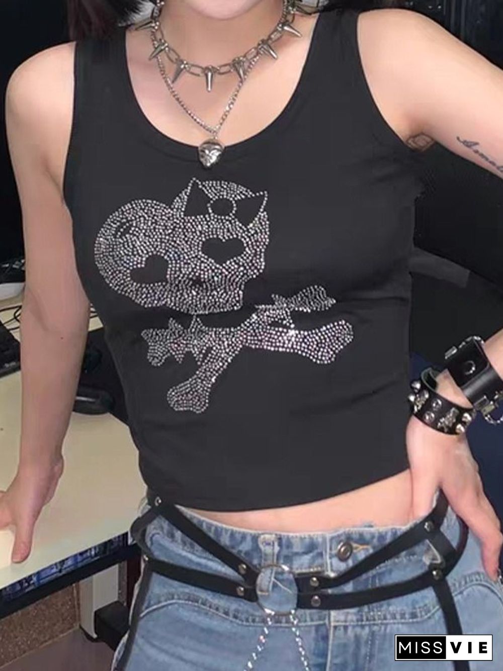 Rhinestone Skull Black Cropped Tank Top