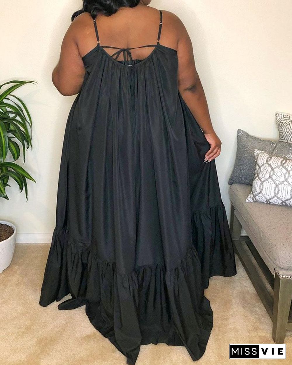 Tied Back Ruched Ruffles Casual Maxi Dress