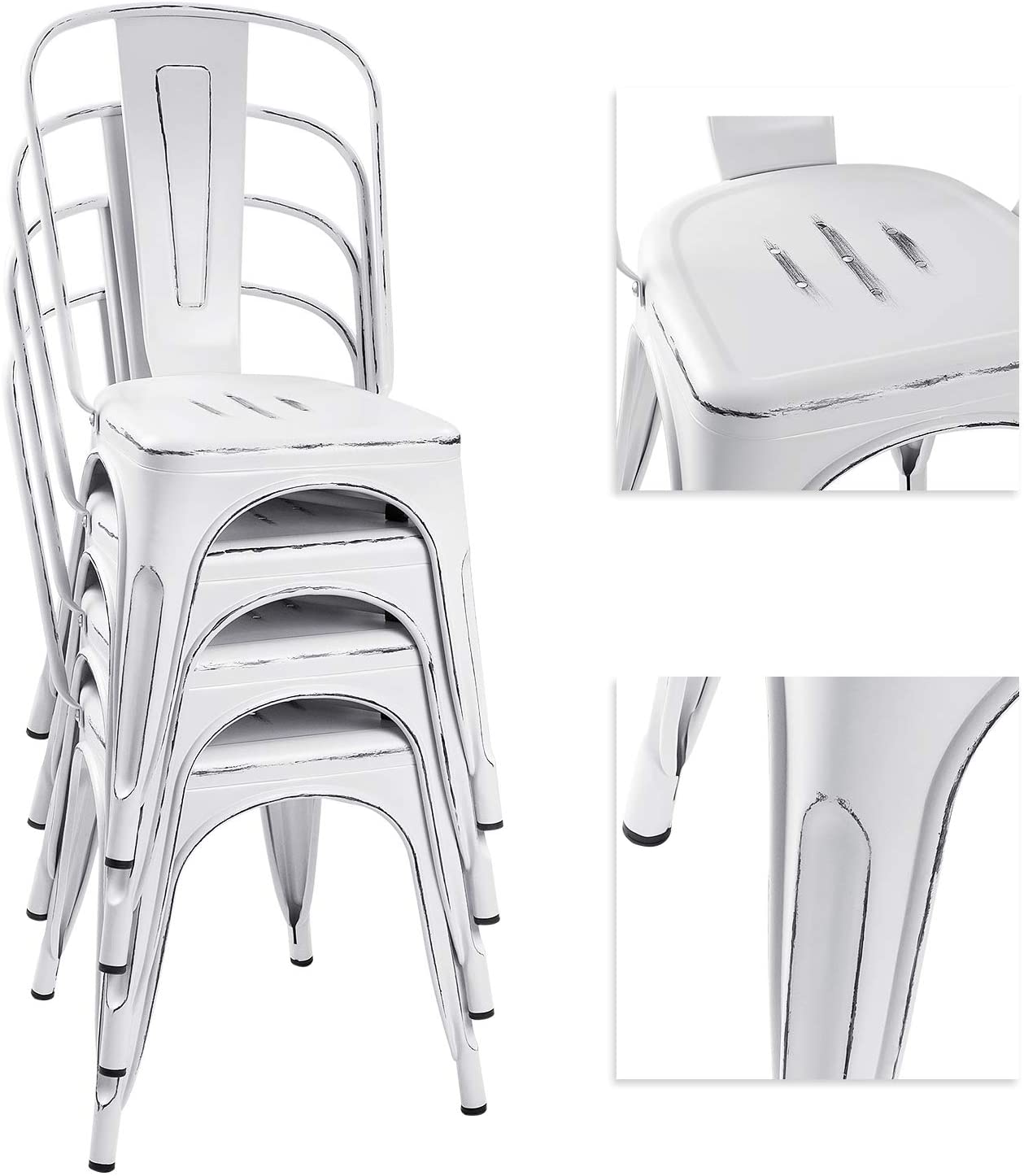 VINEEGO Metal Dining Chair Indoor-Outdoor Use Stackable Classic Trattoria Chair Fashion Dining Metal Side Chairs for Bistro Cafe Restaurant Set of 4 (DIstressed White)