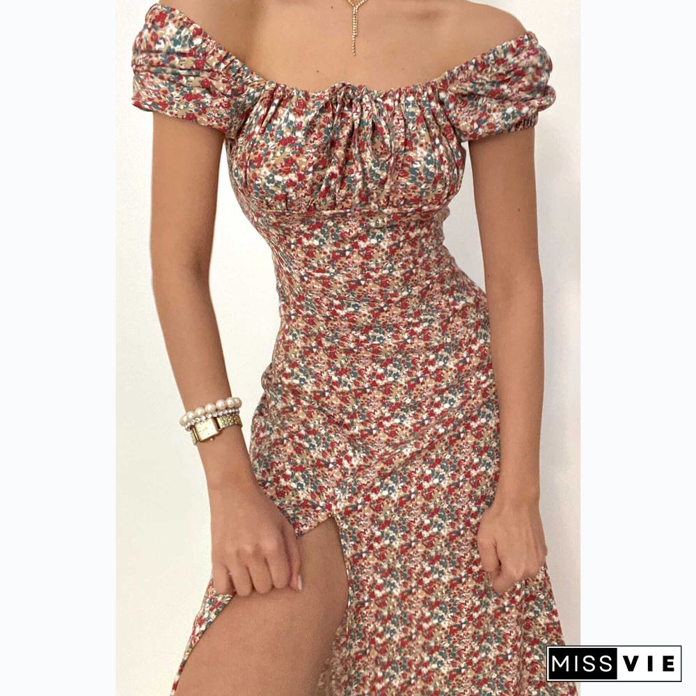 Elegant Floral Print Hem Split Dresses Women Summer Dress New Strapless Short Puff Sleeves Sexy A-line Midi Dress