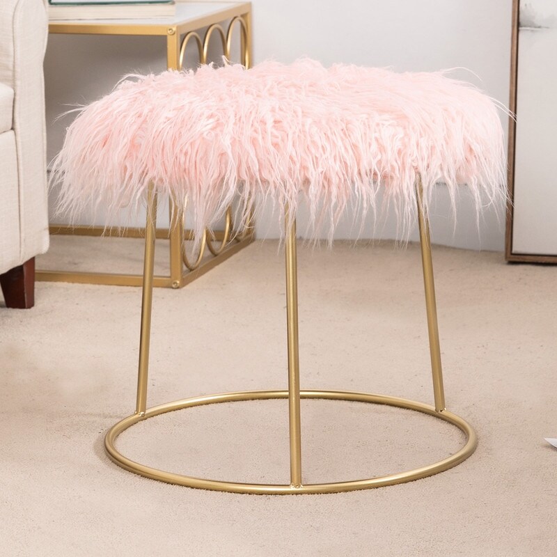 Adeco Vanity Stool Chair Fluffy Ottoman Footrest Round Metal Base