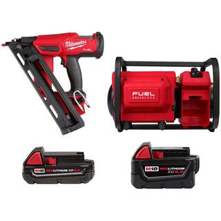 MW M18 Brushless 15-Gauge Cordless Finish Nailer M18 FUEL 2 Gal. Compressor M18 2.0 Ah Battery M18 5.0 Ah XC Battery 2839-20-48-11-1820-2840-20-48-11-1850