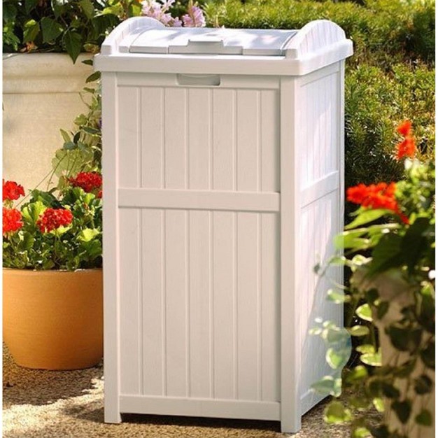 Suncast 30 33 Gallon Deck Patio Resin Garbage Trash Can Hideaway Taupe 2 Pack