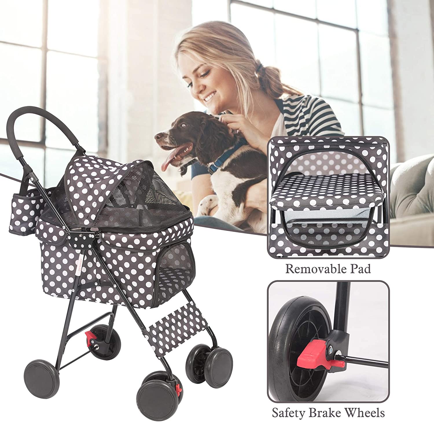 Folding Dog Stroller Travel Cage Stroller for Pet Cat Kitten Puppy Carriages - Large 4 Wheels Elite Jogger - Single or Multiple Pets (Black - 1 cage)