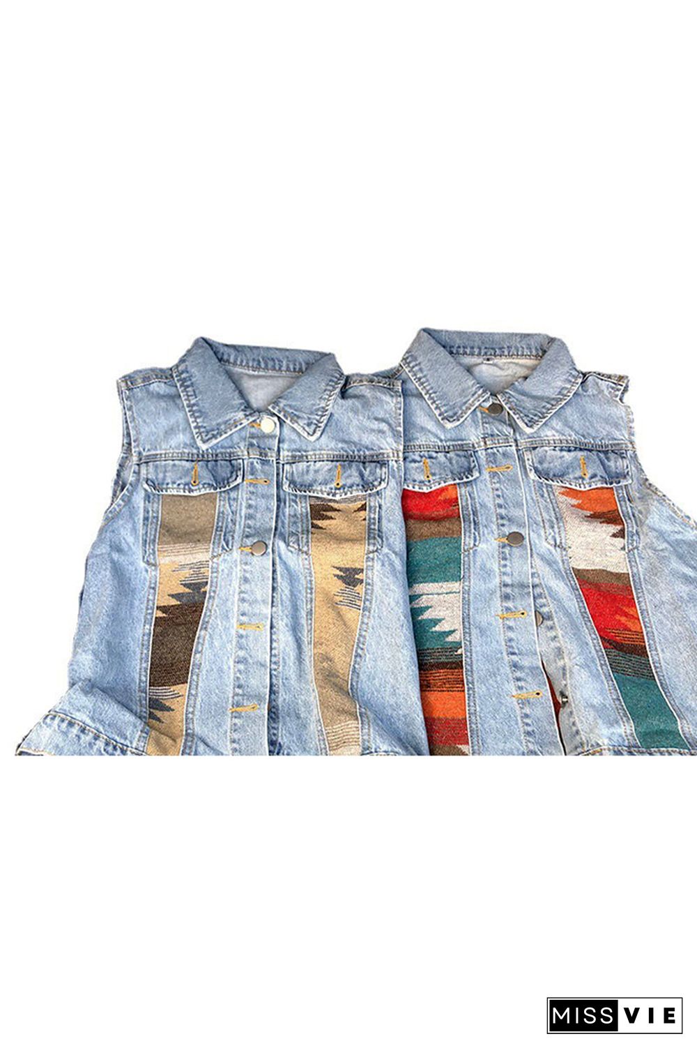 Aztec Print Patchwork Sleeveless Denim Jacket Wholesale