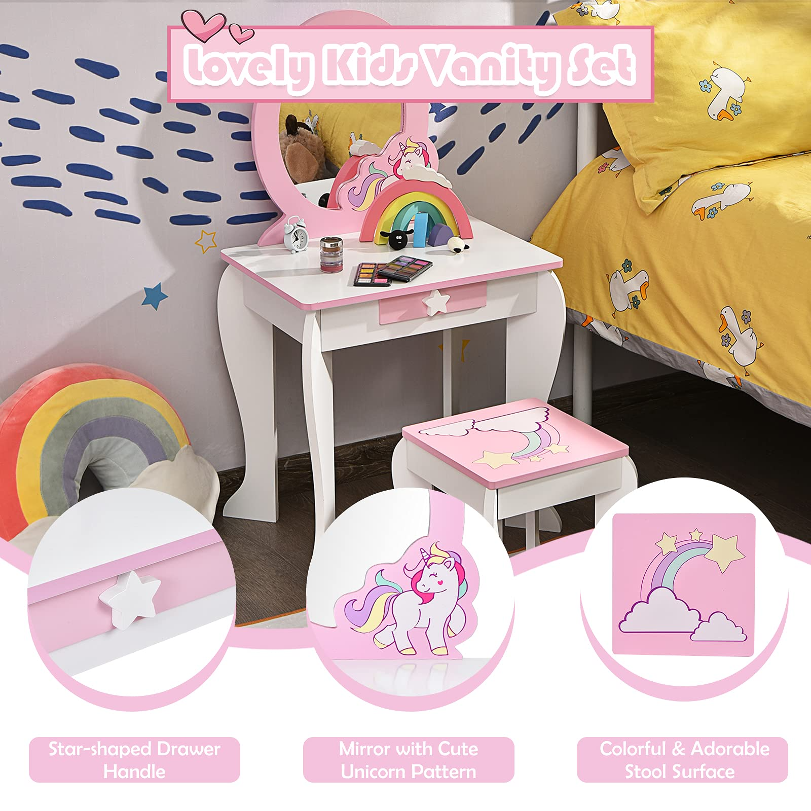 Costzon Kids Vanity Set with Mirror, 2 in 1 Wooden Princess Makeup Dressing Table with Detachable Top