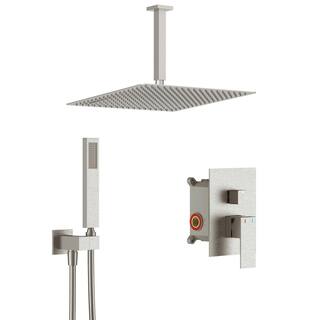 INSTER AIM 1-Spray 16 in. Square Ceiling Mount Rainfall Shower Head and Fashion Hand Shower in Brushed Nickel (Valve Included) HDGS0001XB16N