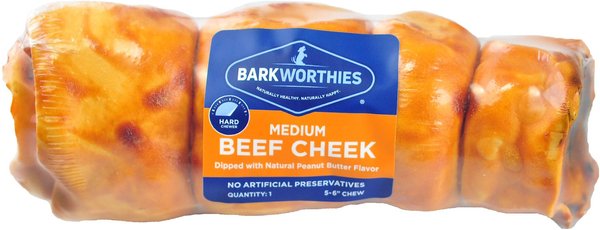 Barkworthies Beef Cheek Peanut Butter Dipped Dog Bone， Medium