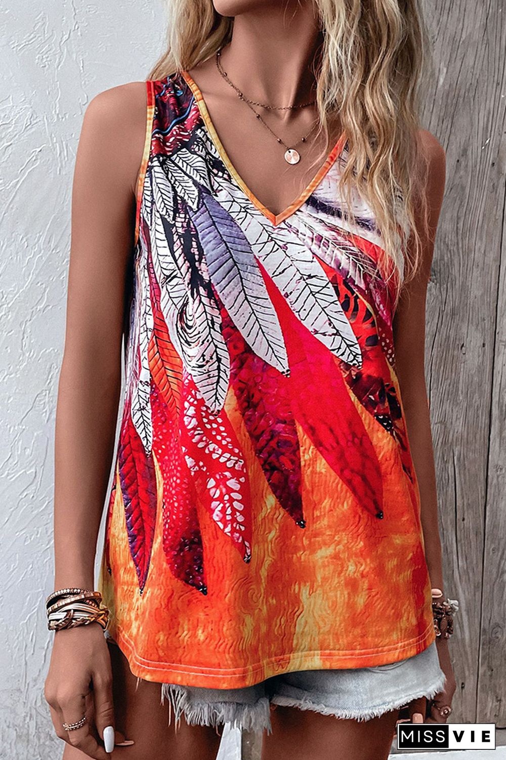 Orange Printed V Neck Tank Top