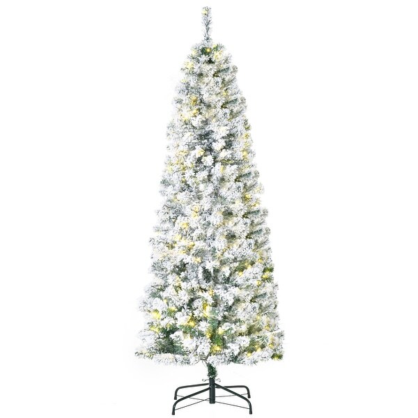 HOMCOM 6FT/7FT/9FT Slim Flocked Christmas Tree with Lights，Skinny Christmas Tree with Stand