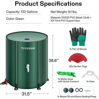 VIVOSUN 132 Gal. Collapsible Rain Barrel with wo Spigots and Overflow Kit in Green wal-RB-0003