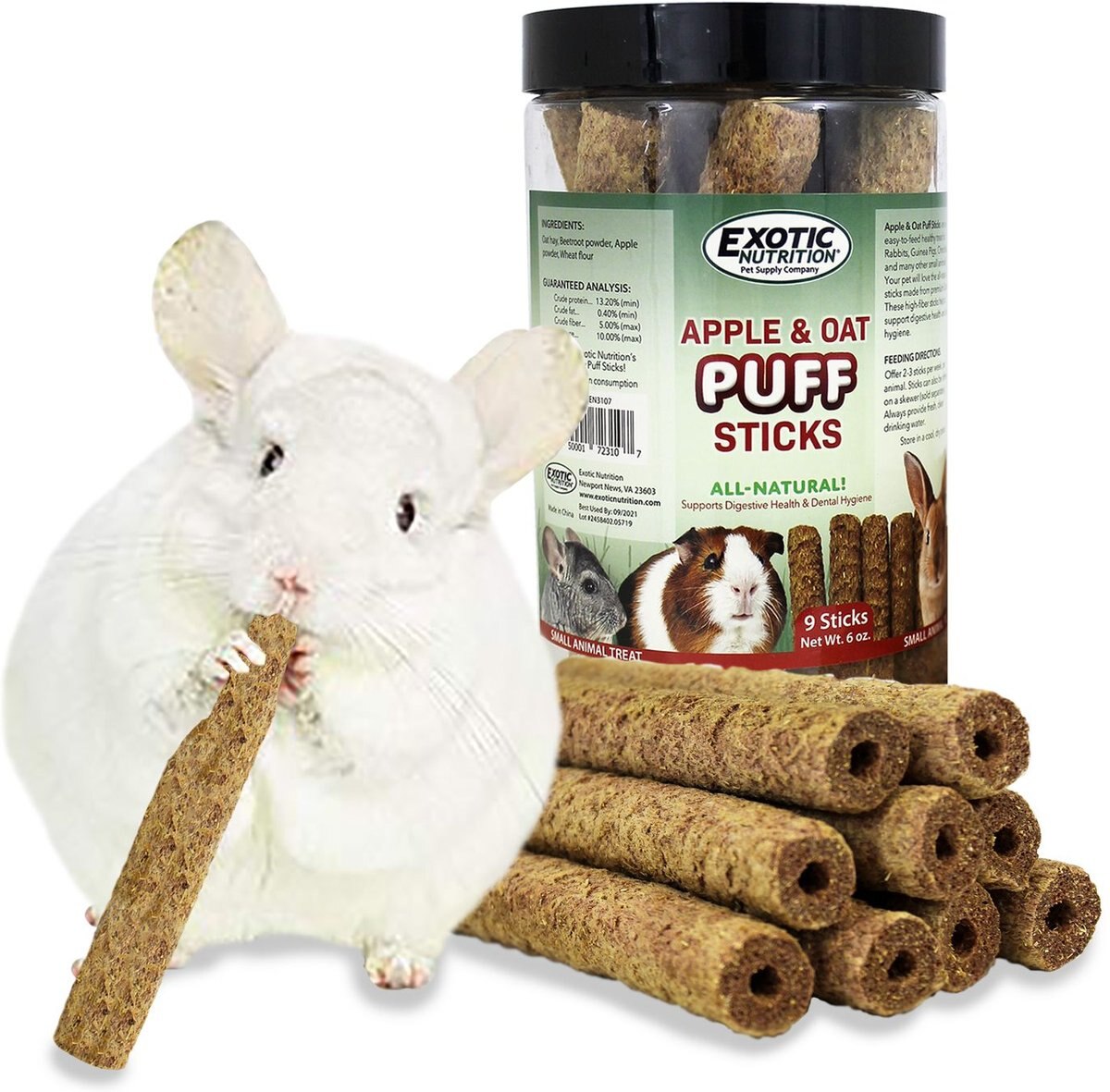 Exotic Nutrition Apple and Oat Puff Sticks Rabbit Treats， 9 count