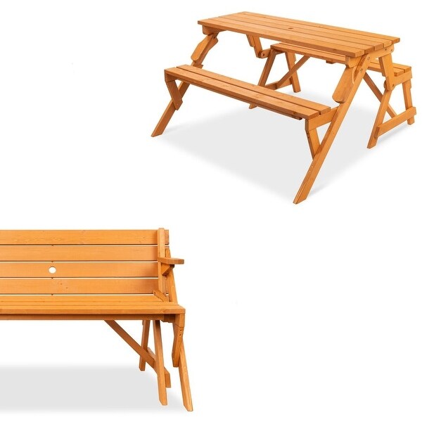 Outdoor Interchangeable 2 in 1 MultiUse Wooden Picnic Table Garden Bench Umbrella Hole