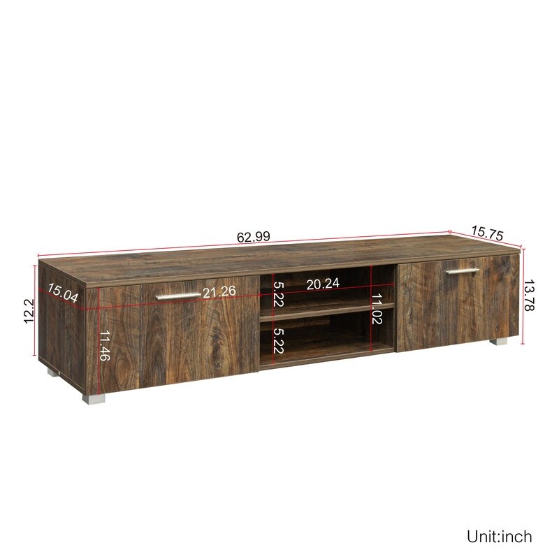 63 inch TV Stand Media Storage Console Entertainment Center with 2 Tier Middle Shelf and 2 Large Capacity Side Door Cabinets