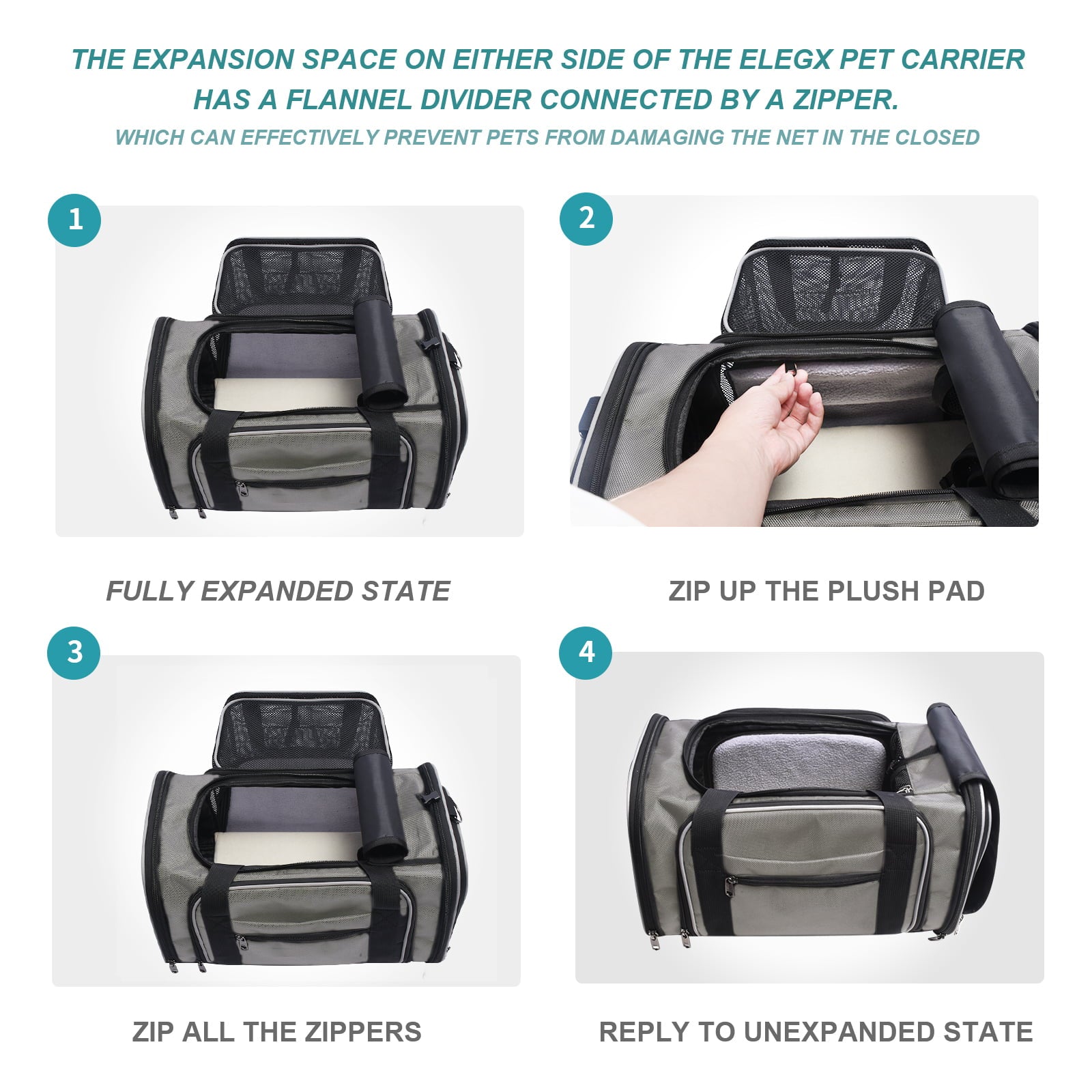 ELEGX TSA Airline Approved Pet Rolling Carrier with Detachable Wheels and Expandable Space for Small Dogs/Cats up 10 Pounds， Collapsible and Breathable