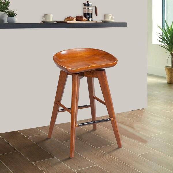 Contoured Seat Wooden Swivel Counter Stool with Angled Legs， Walnut Brown