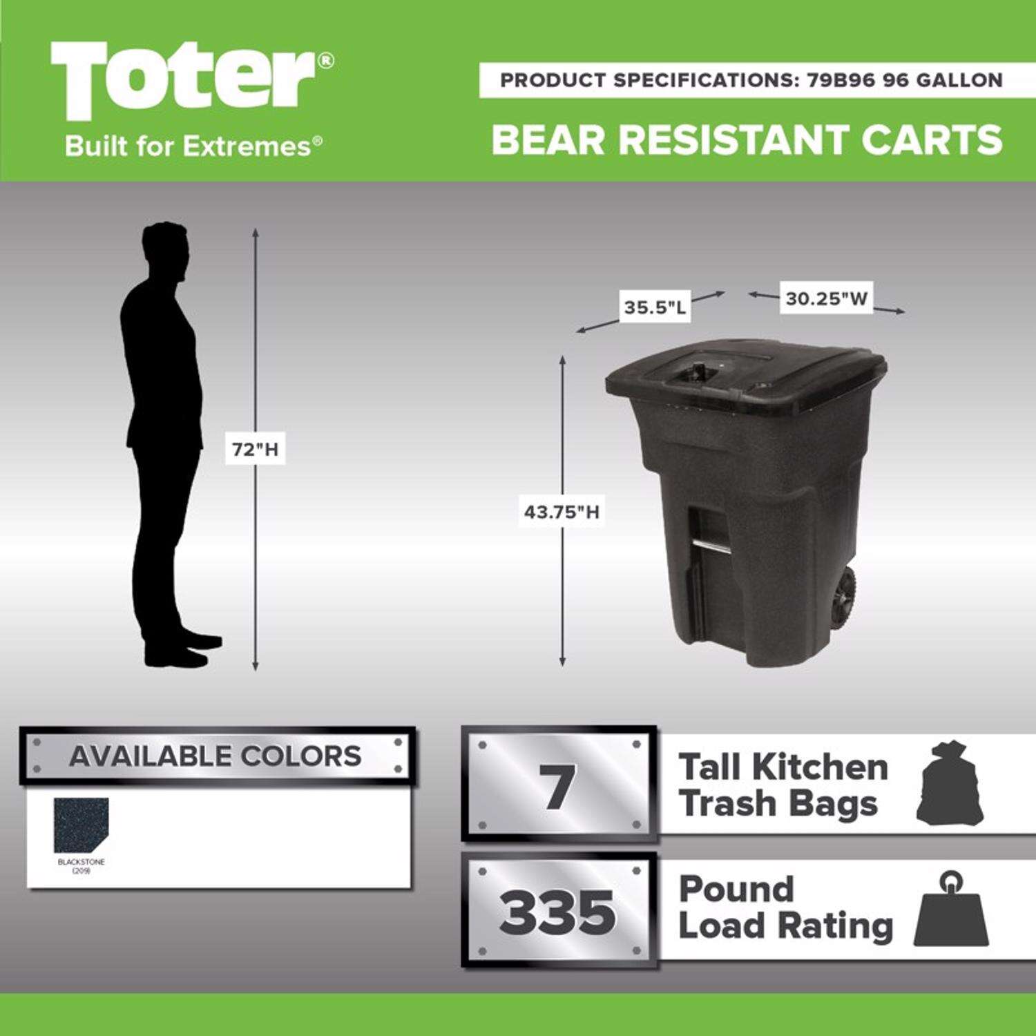 Toter Bear Tough 96 Gallon Outdoor Garbage Can with Wheels and Locking Lid