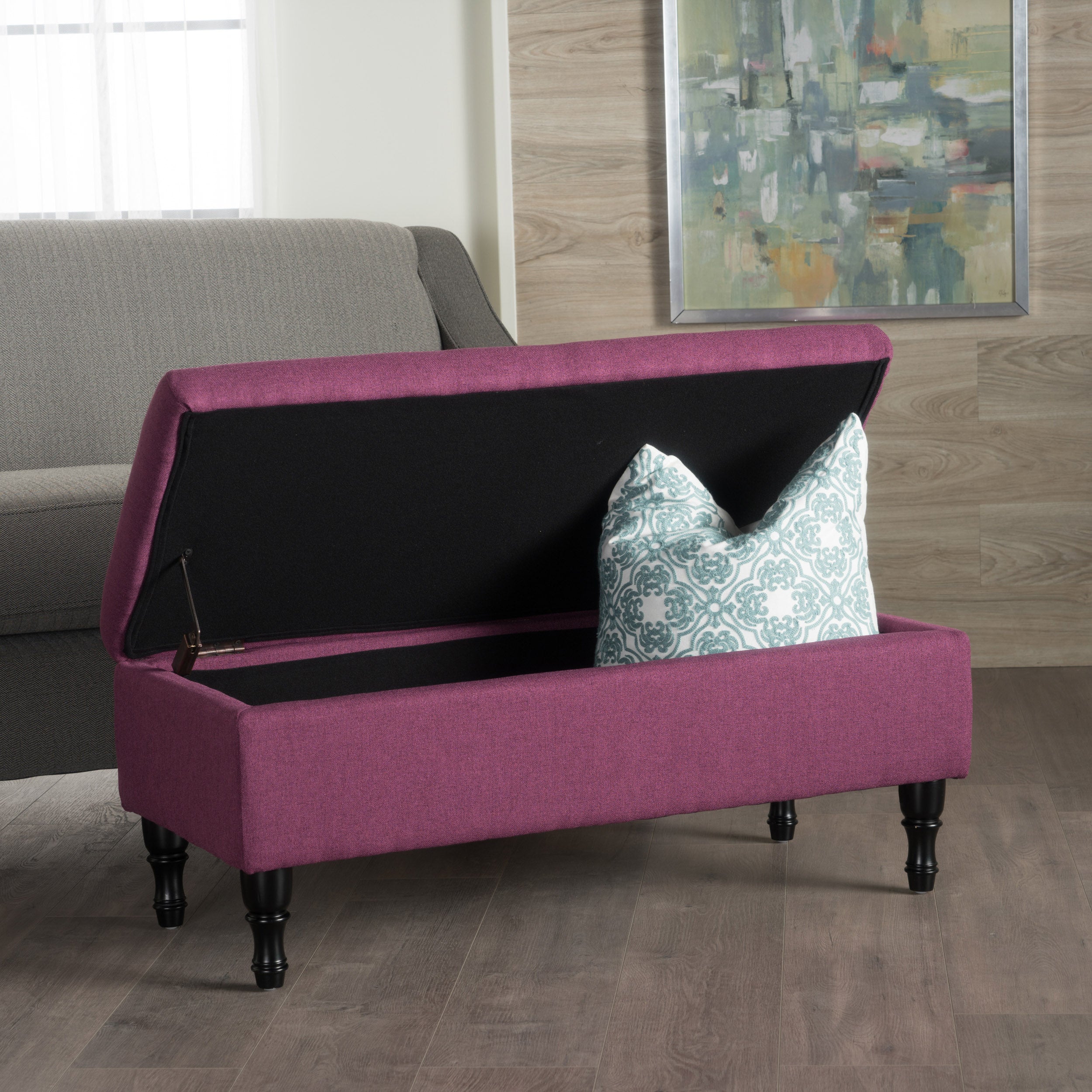 Constance Button Tufted Fabric Rectangle Storage Ottoman Bench w/ Turned Legs