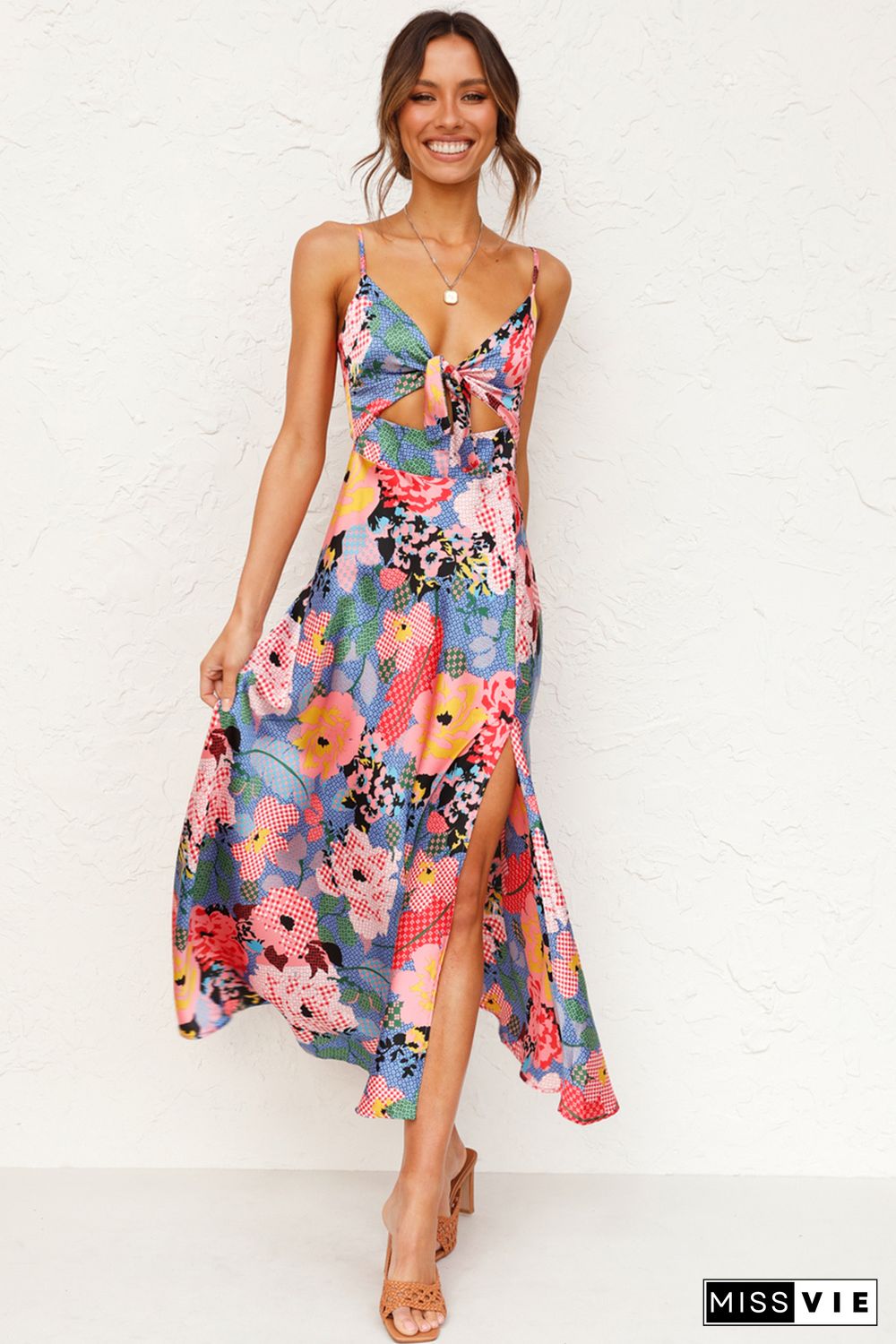 Multicolor Floral Print Bust Knot Long Dress with Slit