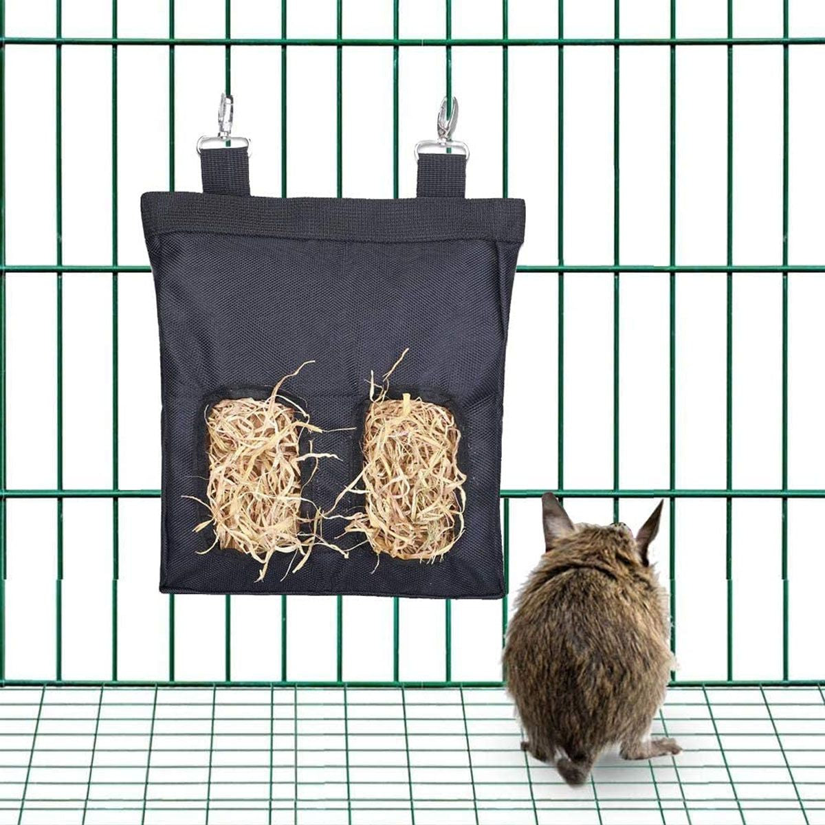 Deago 2 Pcs Guinea Pig Hay Feeder， Hanging Rabbit Hay Feeder Bag for Guinea Pigs Bunnies Chinchillas Hamsters Small Animals Hay Storage (Black)