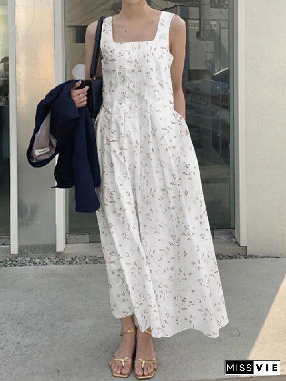 Floral Print Ruched Sleeveless Square Collar Maxi Dress