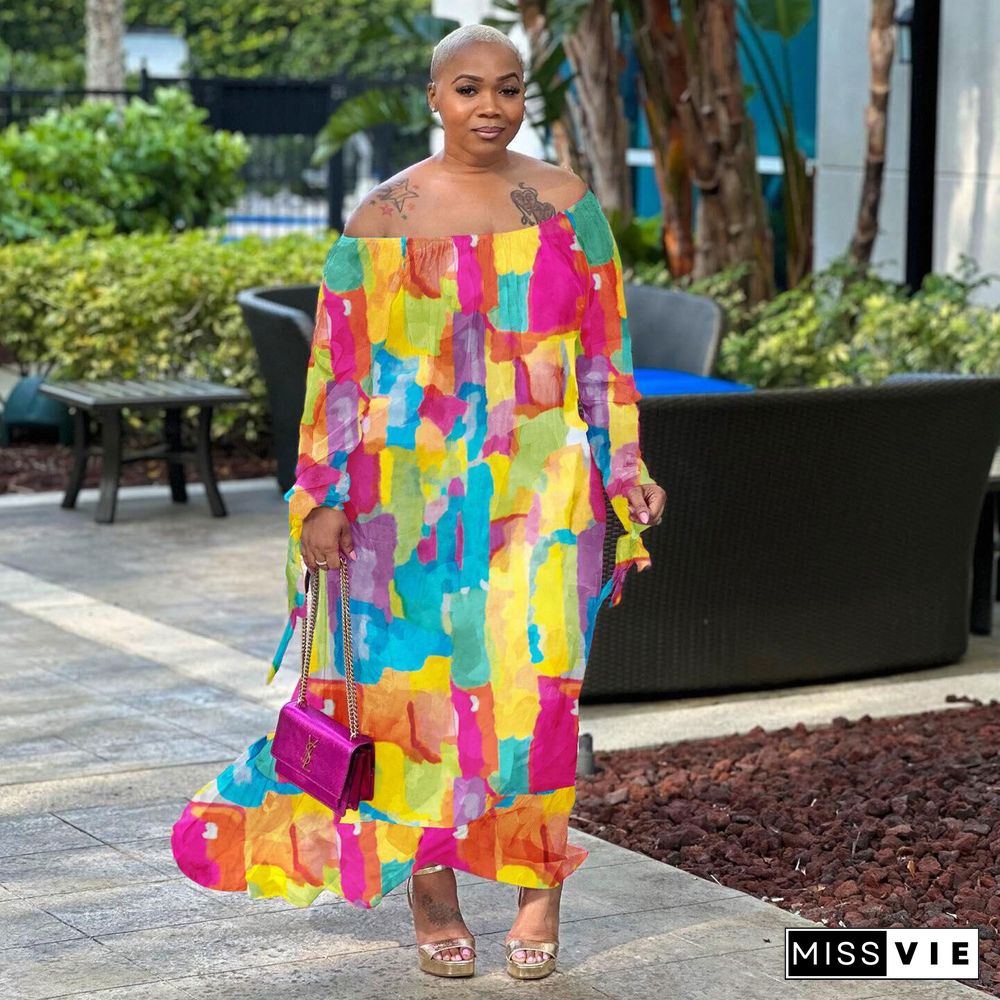 Printing Off Shoulder Loose Plus Size Dresses