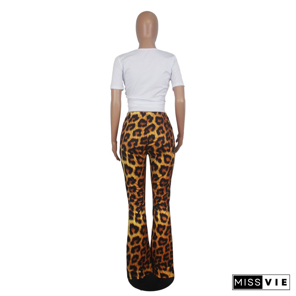 Women Casual Lip Print O-Neck Short Sleeve T-shirts High Waist Leopard Flared Long Pants 2 Piece Set