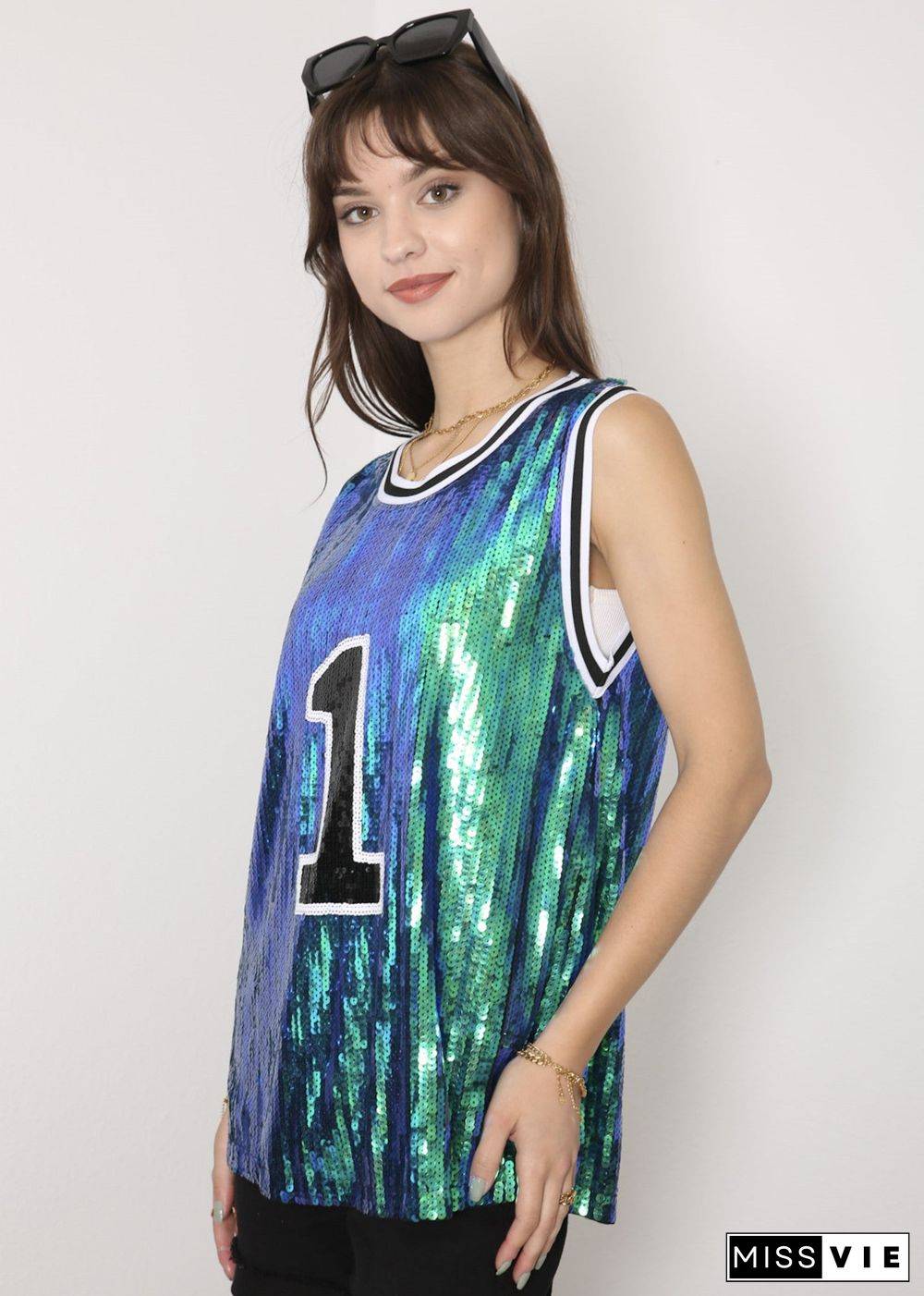 Sparkle Glitter Hip Hop Number 1 T-Shirt Top Blouse Tunic Sequins Basketball Tank Vests