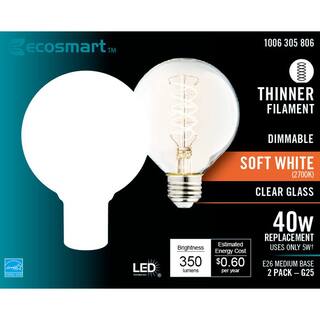 EcoSmart 40-Watt Equivalent G25 Dimmable Fine Bendy Filament LED Vintage Edison Light Bulb Soft White (2-Pack) G25C5E26827S